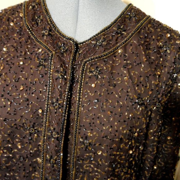 Vintage STENAY 100% Silk ALL Beaded Formal Jacket S Brown Hook front Overcoat LS - Picture 1 of 13